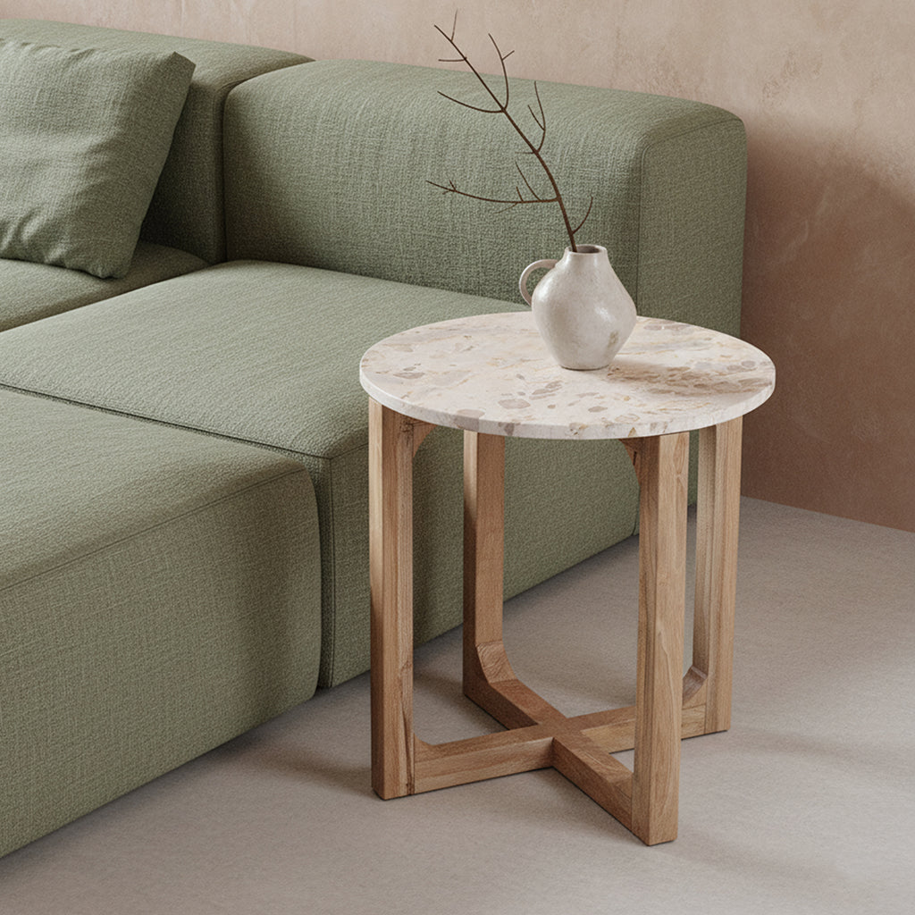 Table d'appoint ronde marbre crème et bois naturel pour salon – Ø50 cm