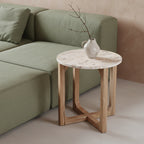 Table d'appoint ronde marbre crème et bois naturel pour salon – Ø50 cm