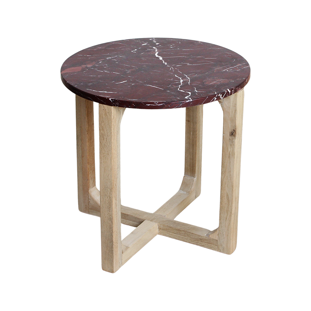Table d'appoint marbre rouge veiné blanc piètement bois clair – Ø50 cm