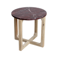 Table d'appoint marbre rouge veiné blanc piètement bois clair – Ø50 cm