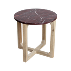 Table d'appoint marbre rouge veiné blanc piètement bois clair – Ø50 cm