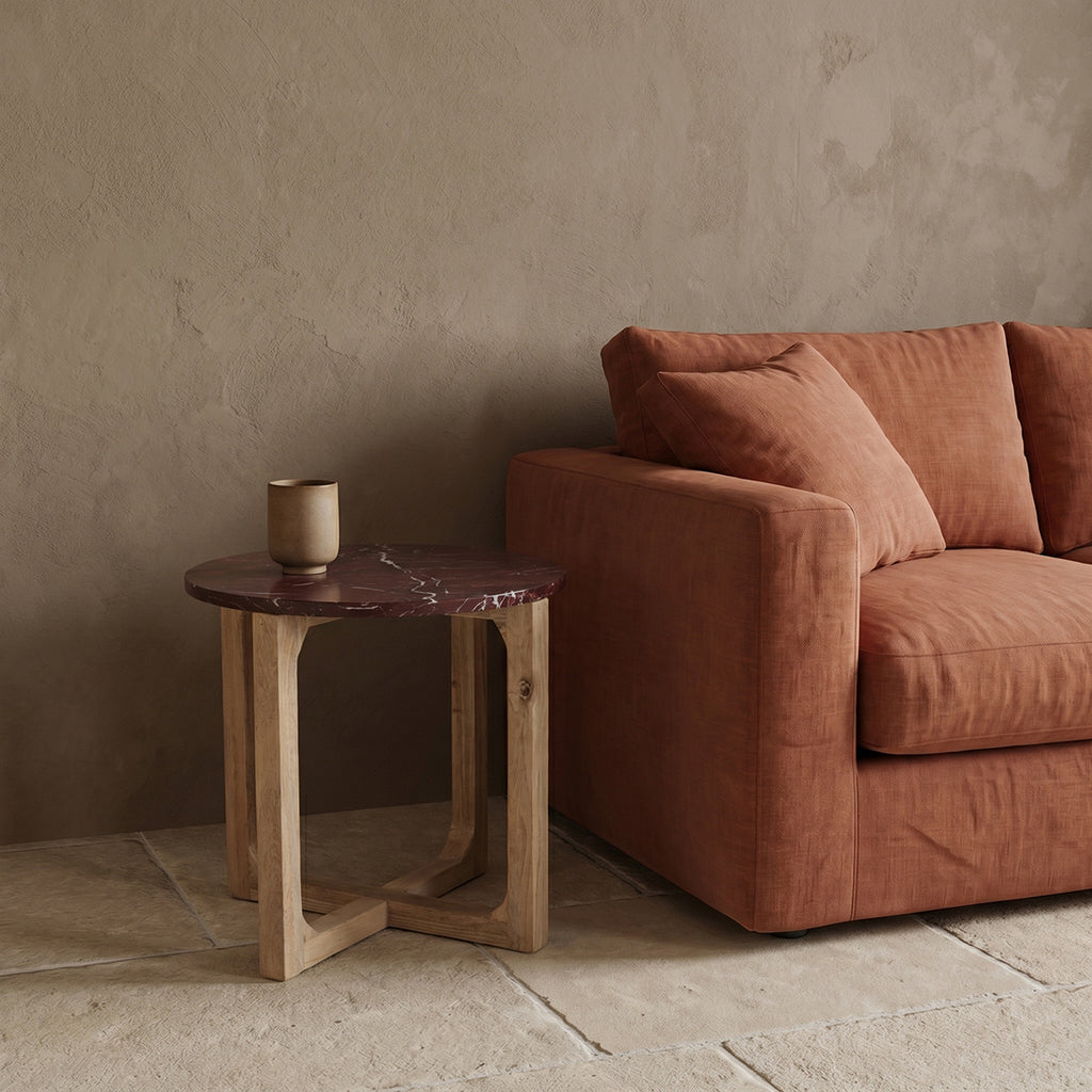 Table d'appoint marbre rouge veiné blanc piètement bois clair – Ø50 cm