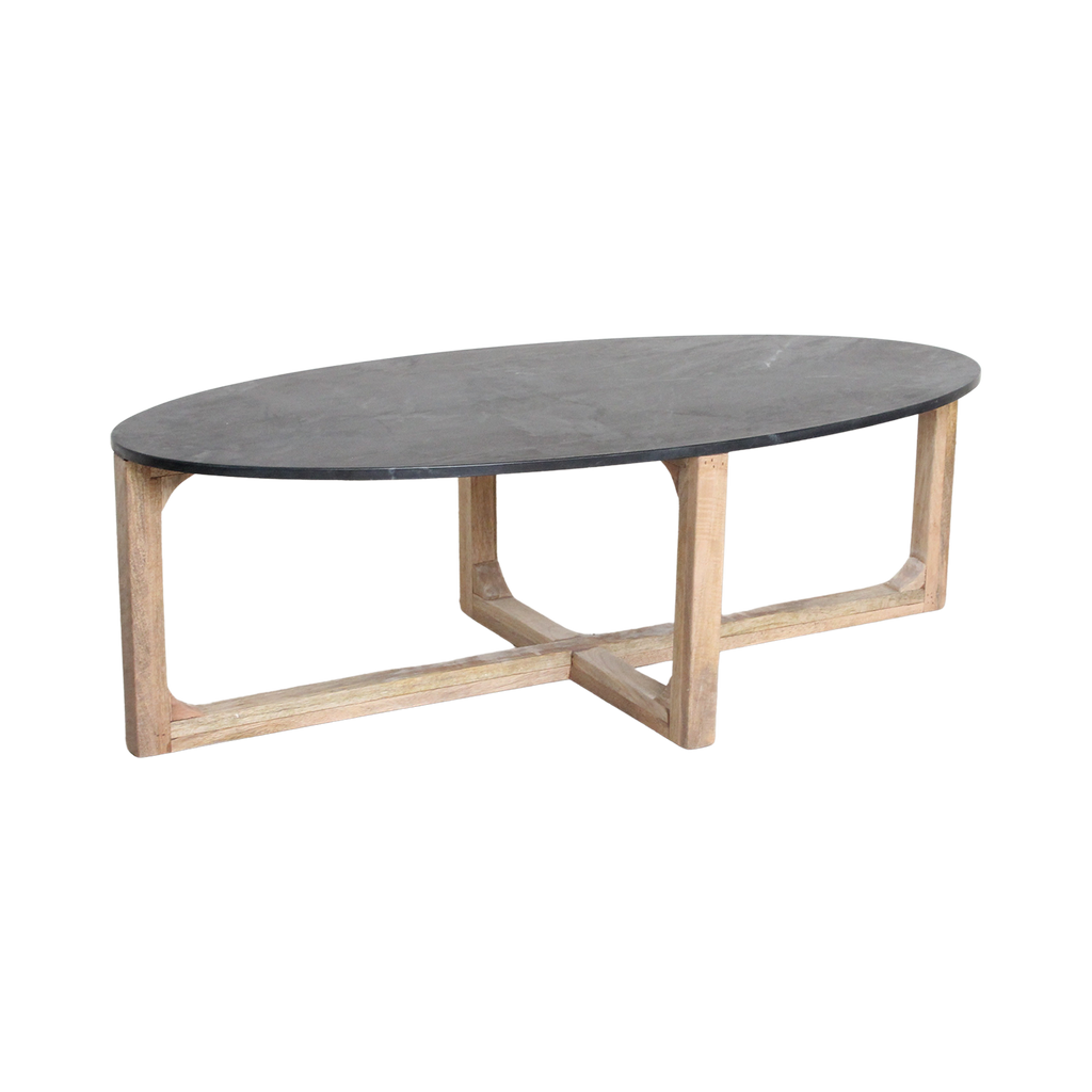 Table basse ovale en marbre noir et bois clair croisé – 120x60 cm