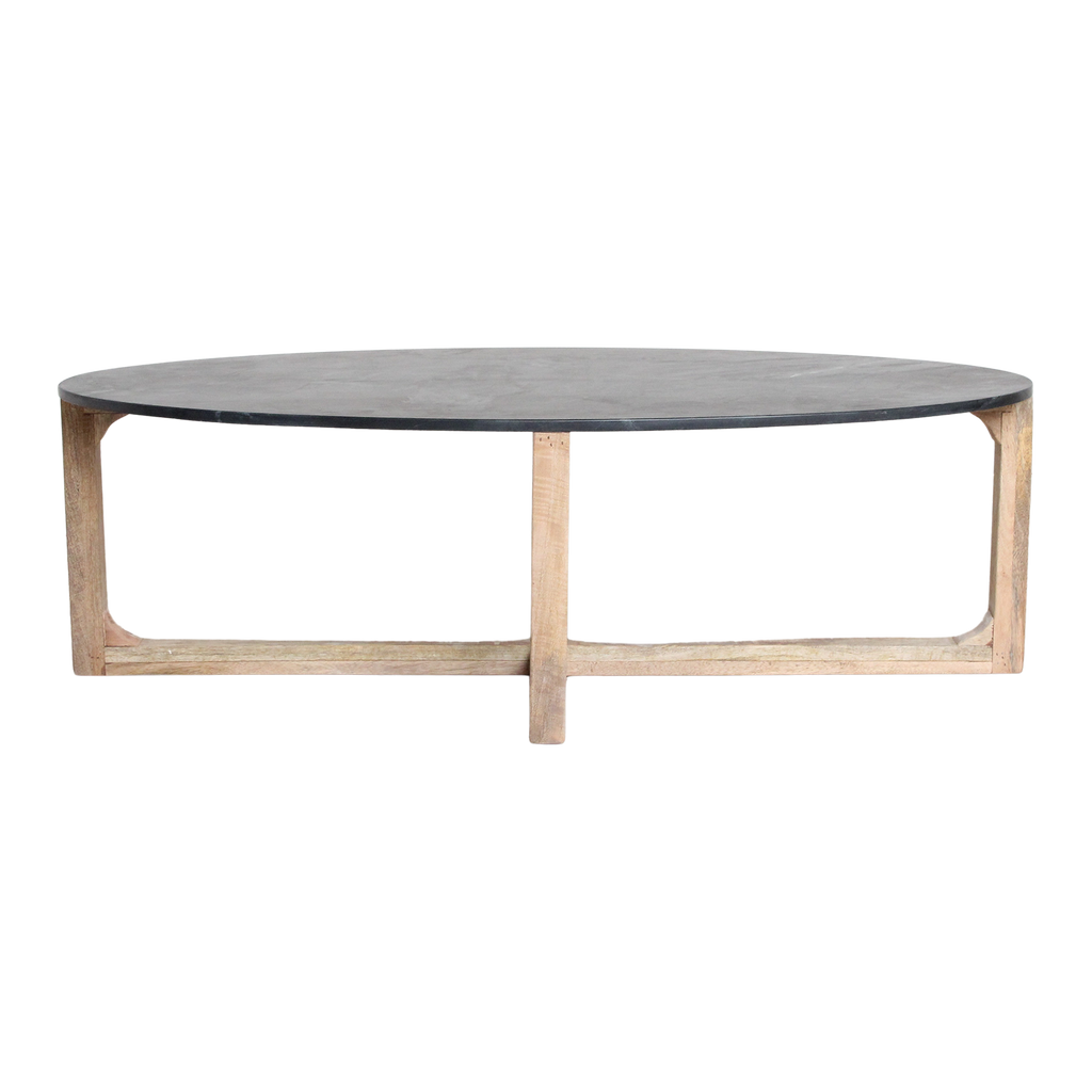 Table basse ovale en marbre noir et bois clair croisé – 120x60 cm
