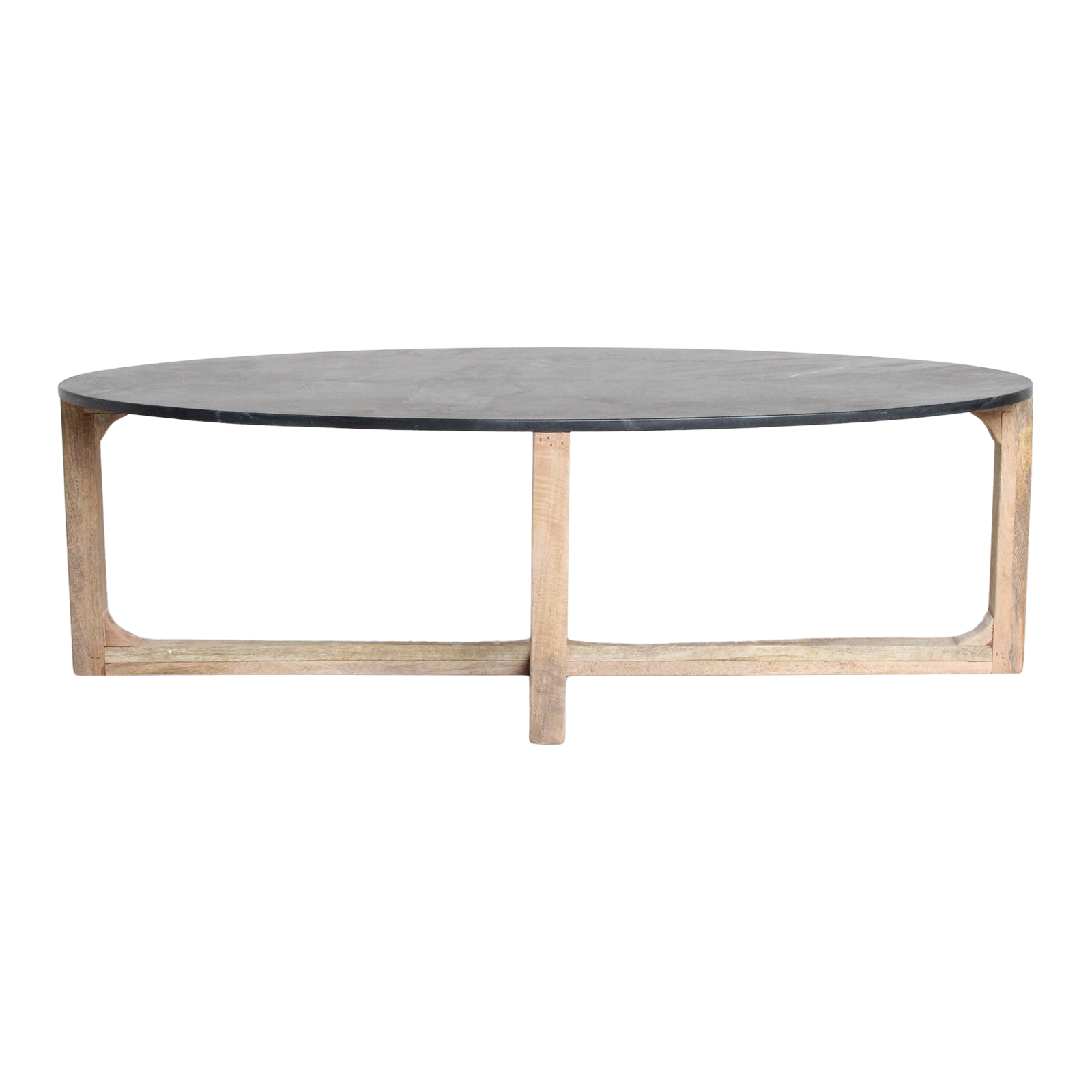 Table basse ovale en marbre noir et bois clair croisé – 120x60 cm