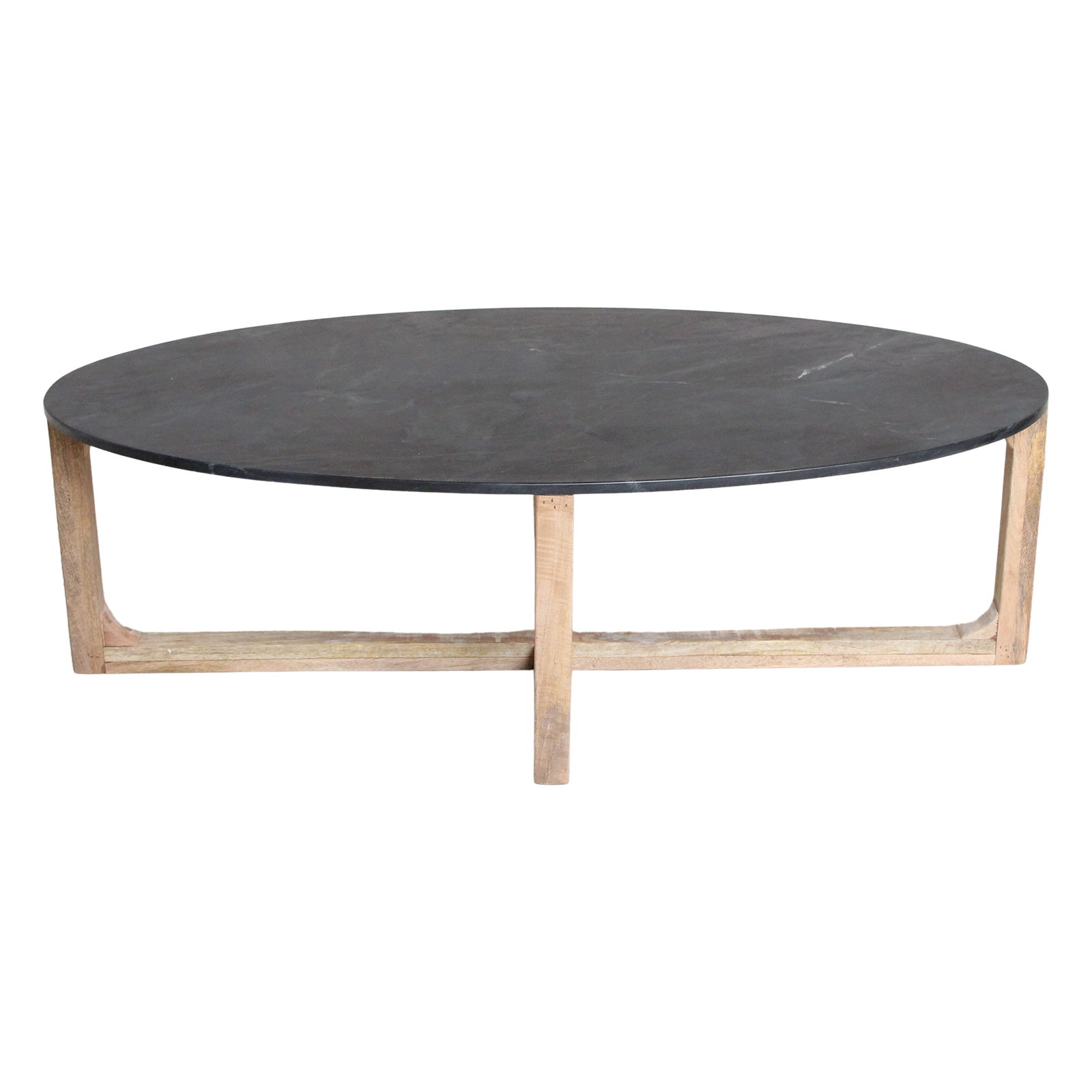 Table basse ovale en marbre noir et bois clair croisé – 120x60 cm