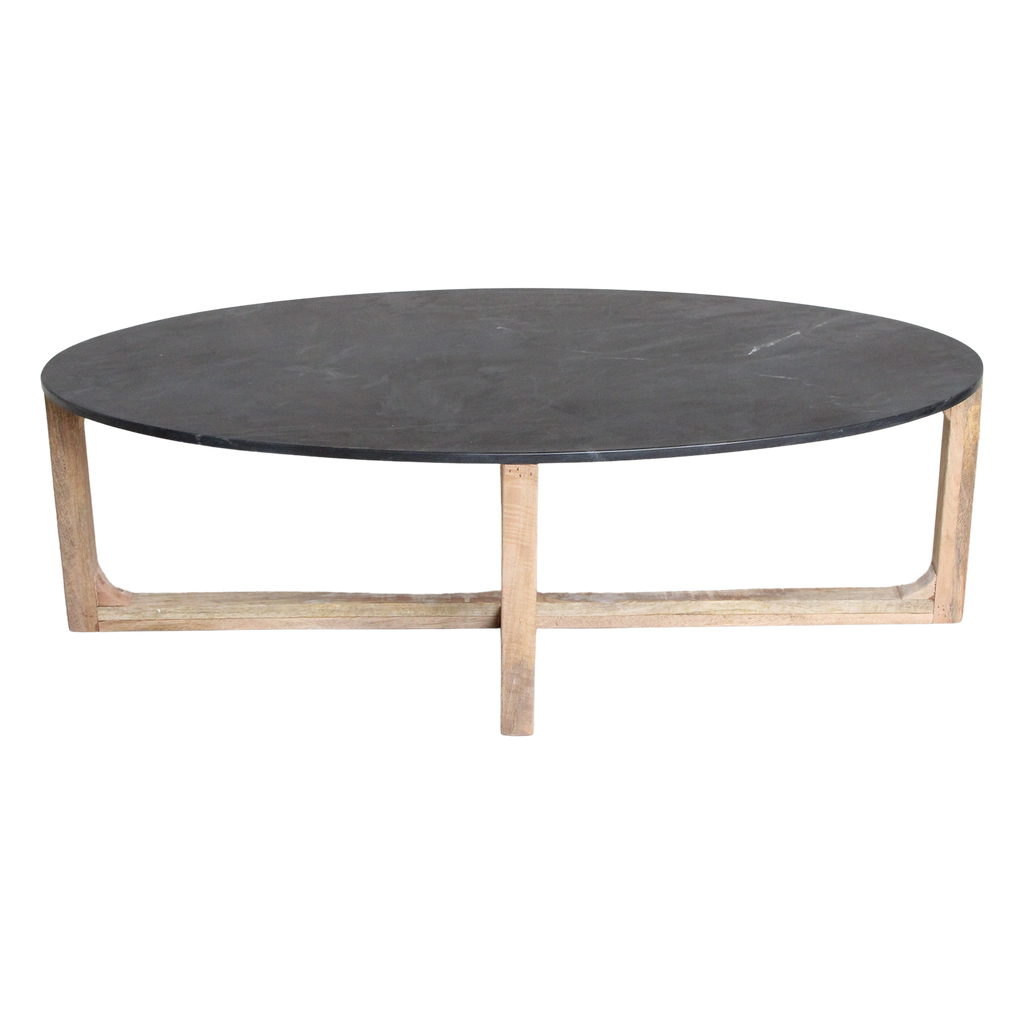 Table basse ovale en marbre noir et bois clair croisé – 120x60 cm