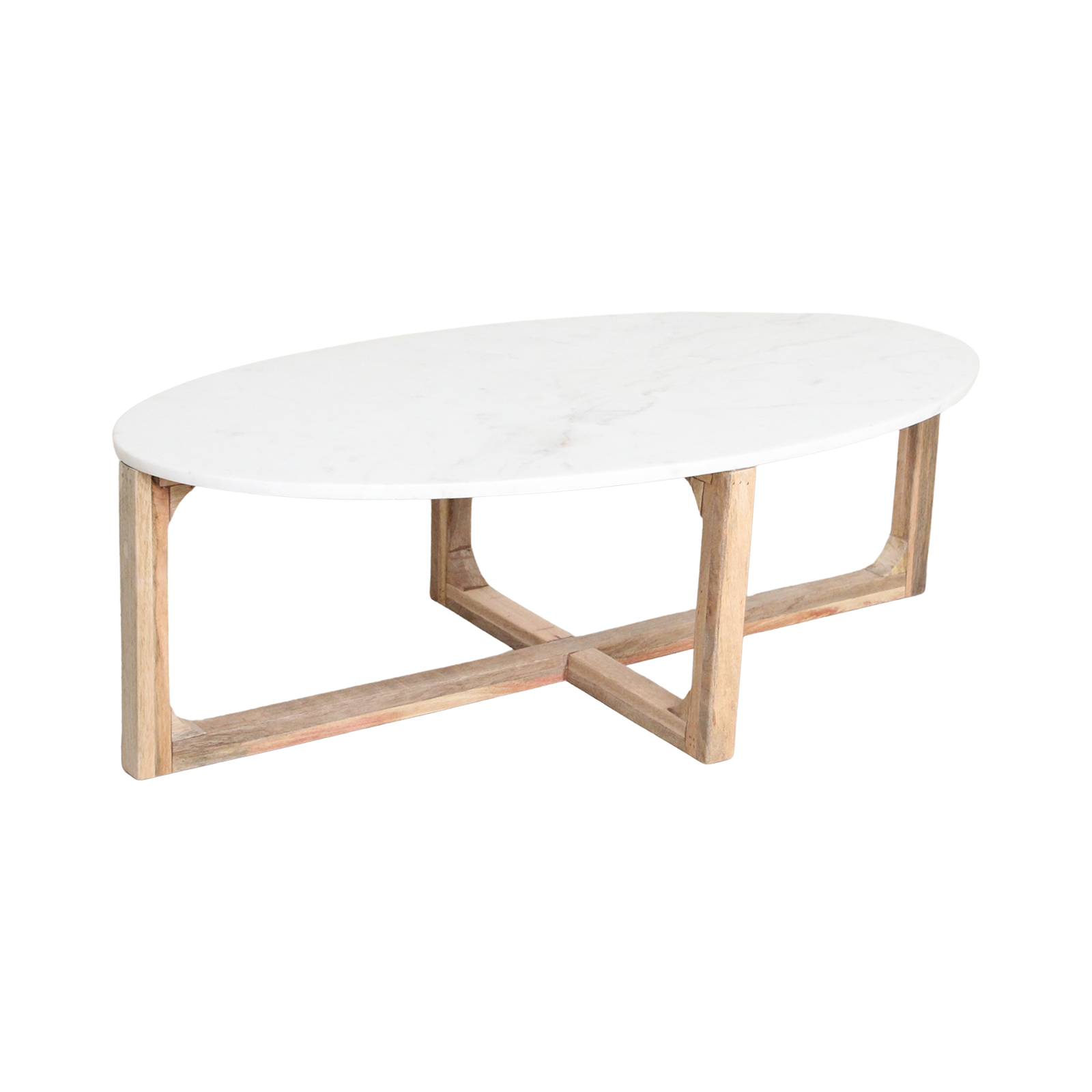 Table basse ovale en marbre blanc et bois de manguier – 120x60 cm