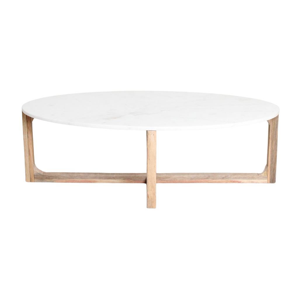 Table basse ovale en marbre blanc et bois de manguier – 120x60 cm