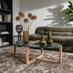 Table basse ovale en marbre noir et bois naturel – 120x60 cm