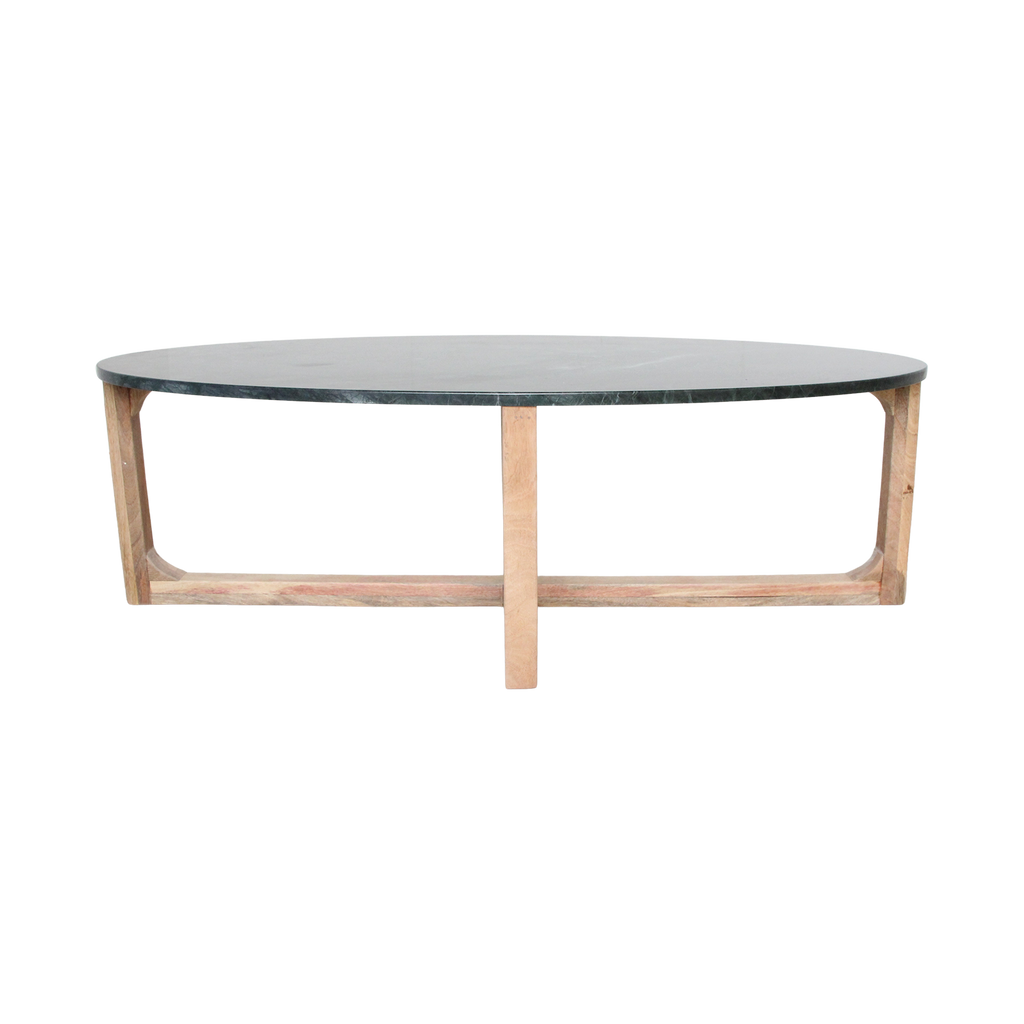 Table basse ovale en marbre noir et bois naturel – 120x60 cm