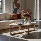 Table basse ovale marbre crème et bois pour salon – 120x60 cm