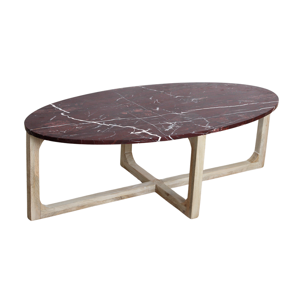 Table basse marbre bordeaux veiné bois clair salon – 120x65 cm