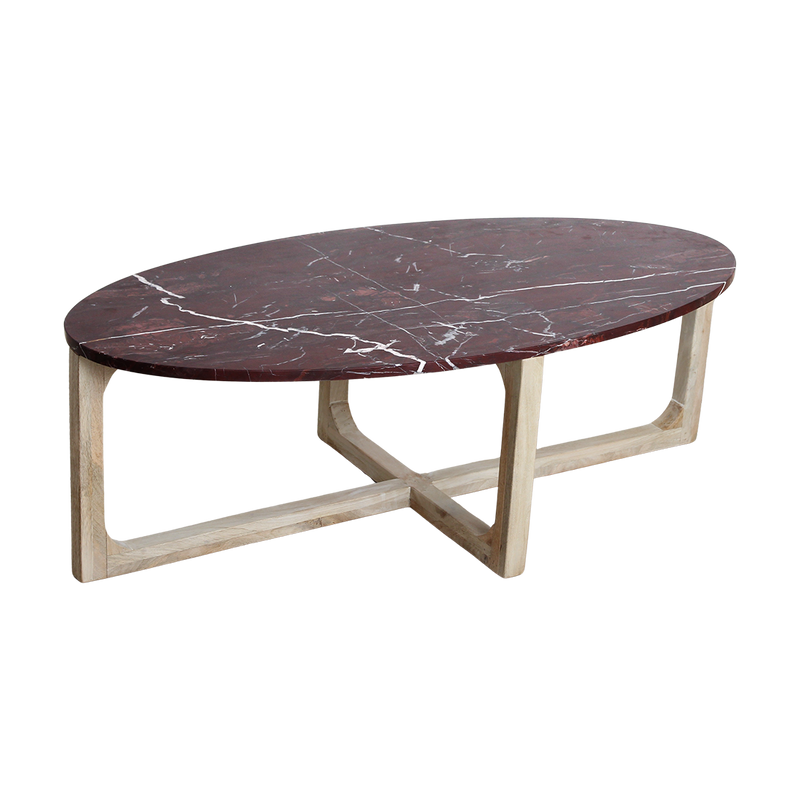 Table basse marbre bordeaux veiné bois clair salon – 120x65 cm
