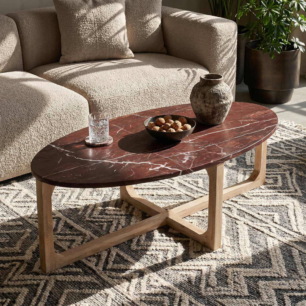 Table basse marbre bordeaux veiné bois clair salon – 120x65 cm