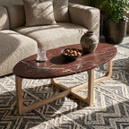 Table basse marbre bordeaux veiné bois clair salon – 120x65 cm