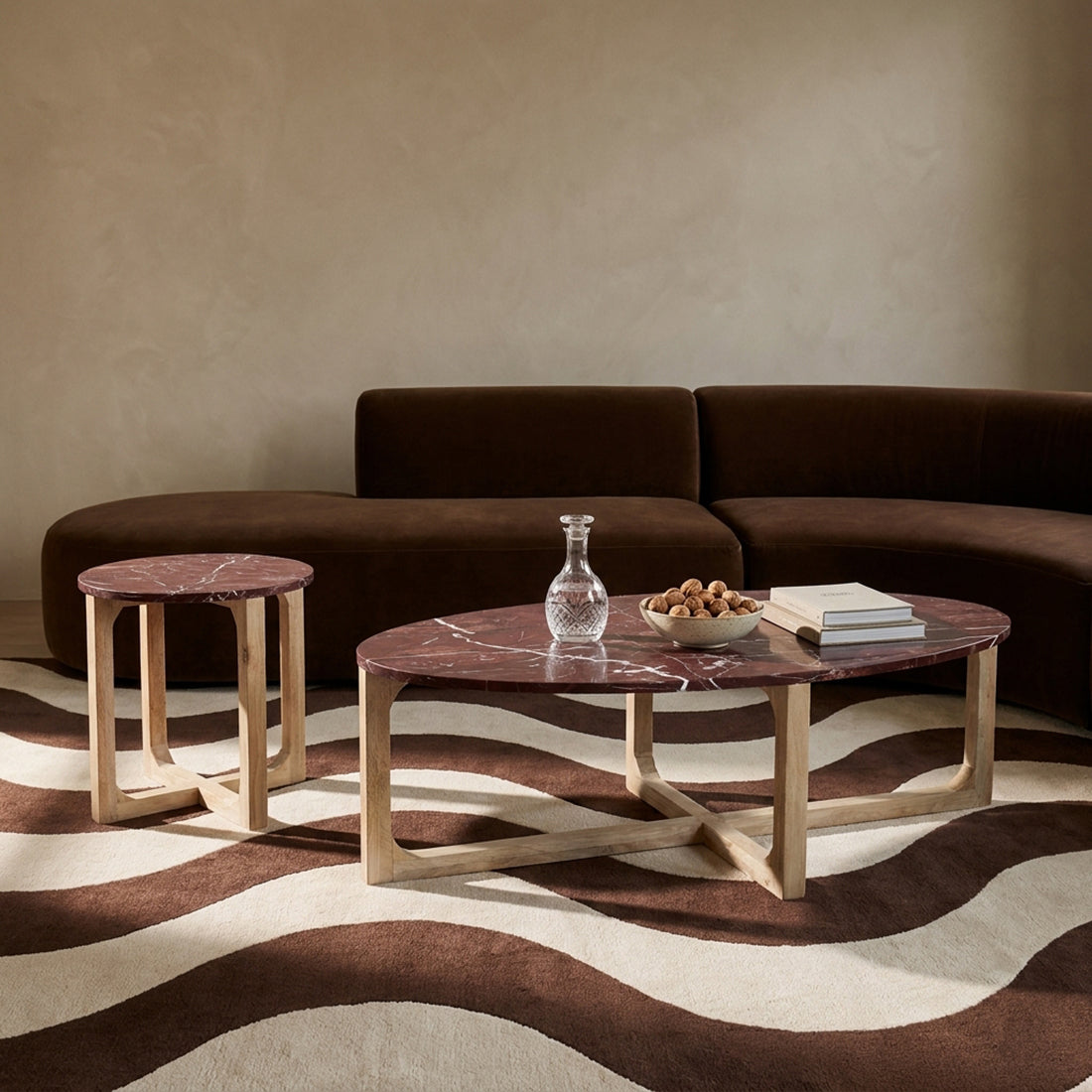 Table basse marbre bordeaux veiné bois clair salon – 120x65 cm