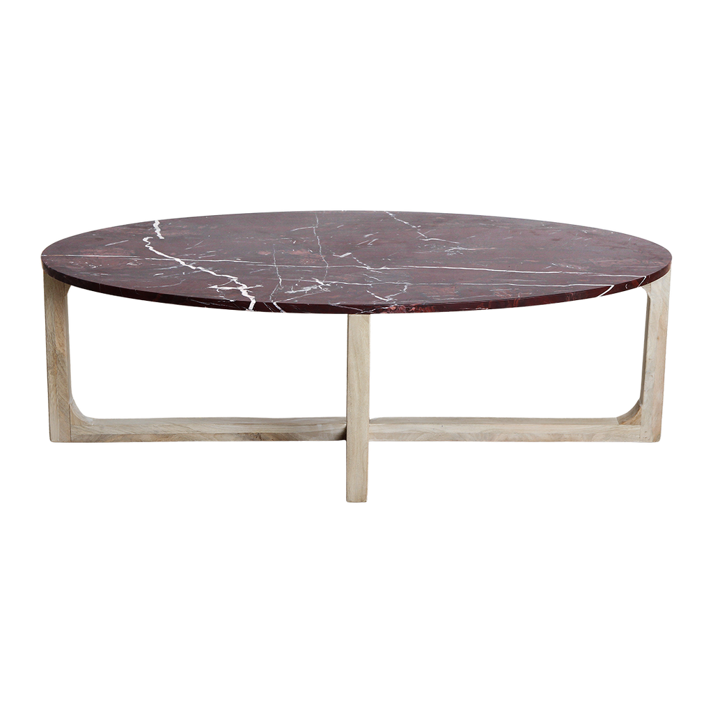 Table basse marbre bordeaux veiné bois clair salon – 120x65 cm