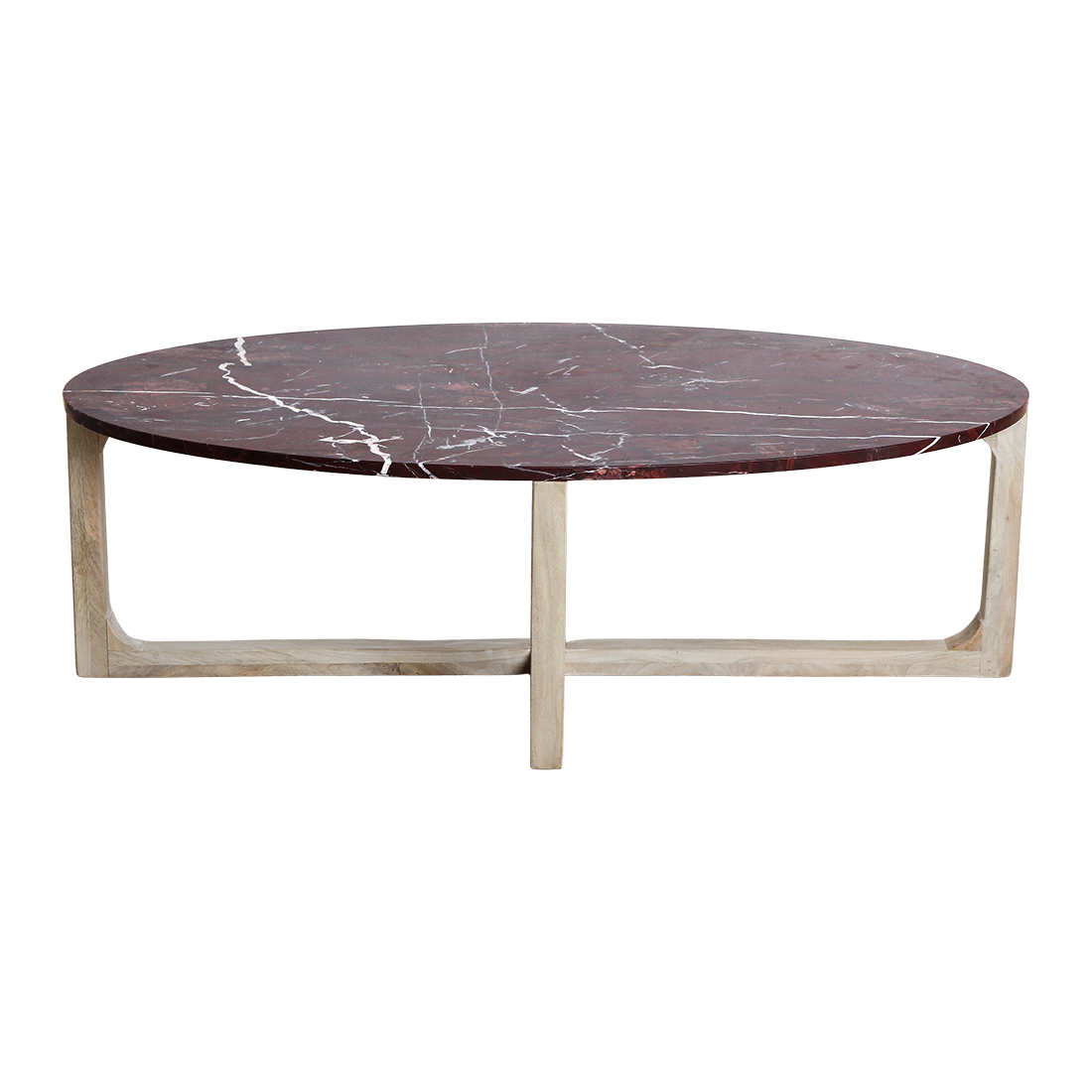 Table basse marbre bordeaux veiné bois clair salon – 120x65 cm