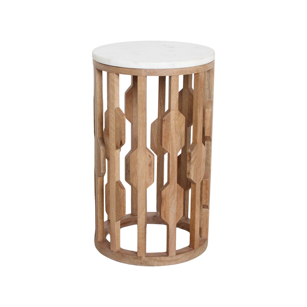 Table d’appoint marbre blanc et bois sculpté ajouré – Ø40 cm