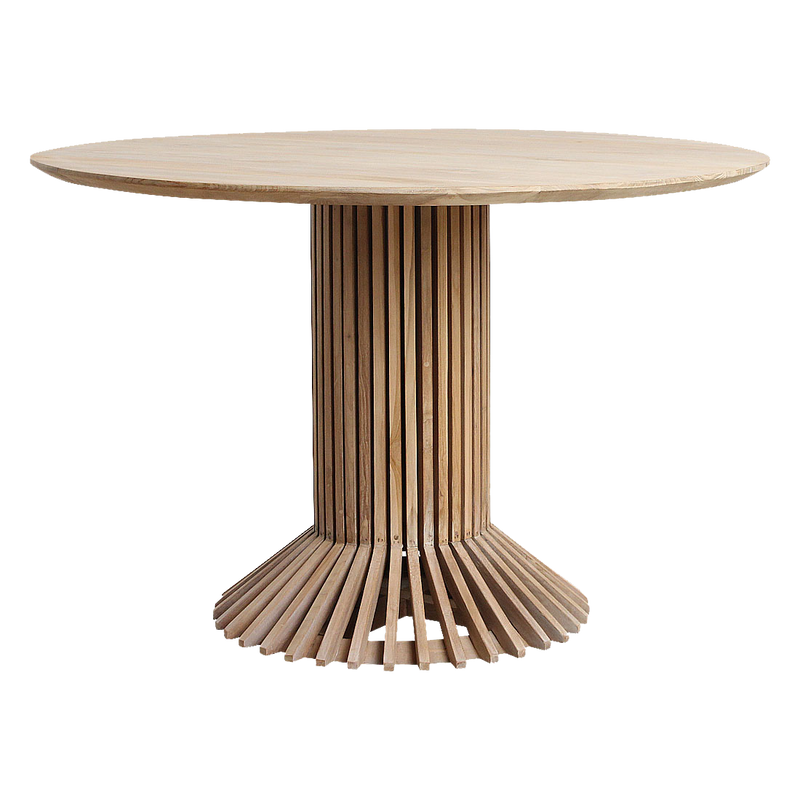 Table à manger ronde en teck recyclé pied ajouré sculptural – Ø140 cm
