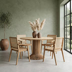 Table à manger ronde en teck recyclé pied ajouré sculptural – Ø140 cm