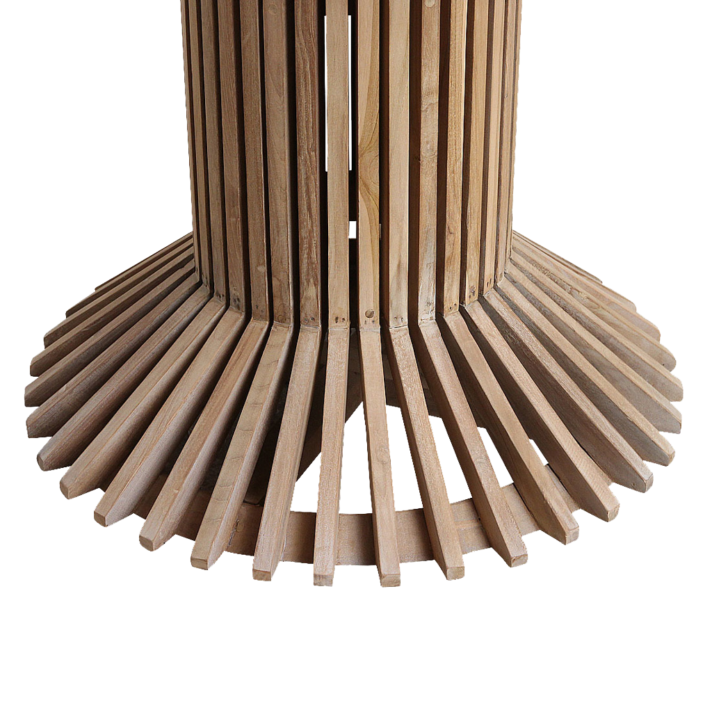 Table à manger ronde en teck recyclé pied ajouré sculptural – Ø140 cm
