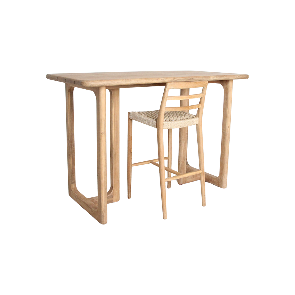 Table haute en teck recyclé coins arrondis terrasse intérieure – 160x80x105 cm