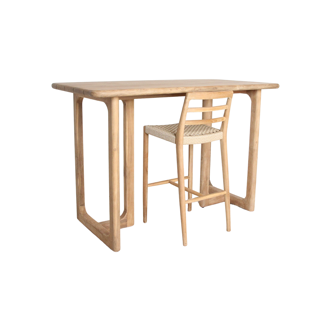 Table haute en teck recyclé coins arrondis terrasse intérieure – 160x80x105 cm