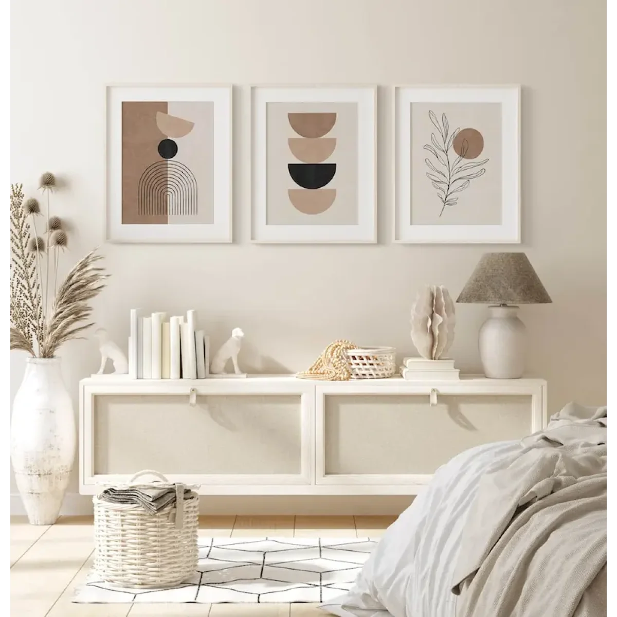 Décoration de chambre neutre avec affiche murale géométrique sur toile Set de 3