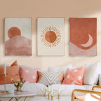 Affiche murale soleil en toile beige et ocre