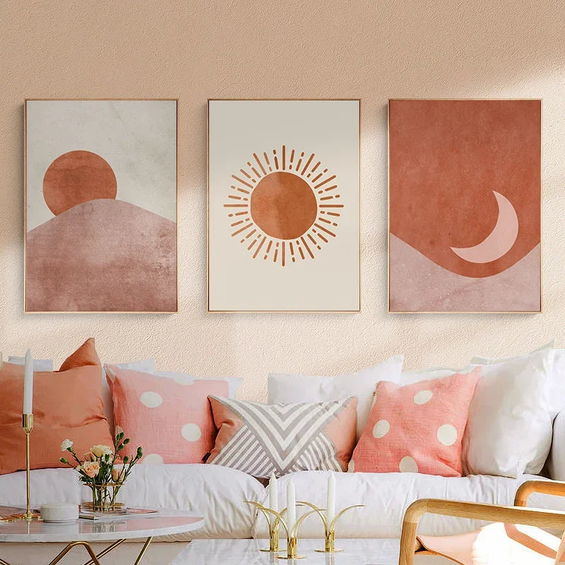 Affiche murale soleil en toile beige et ocre