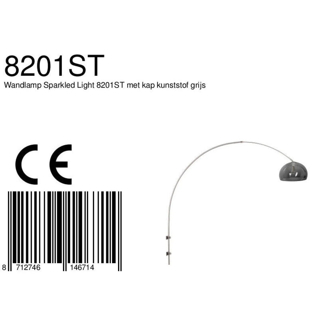 Lampe arc en métal brossé avec abat-jour gris fumé, diamètre 38 cm