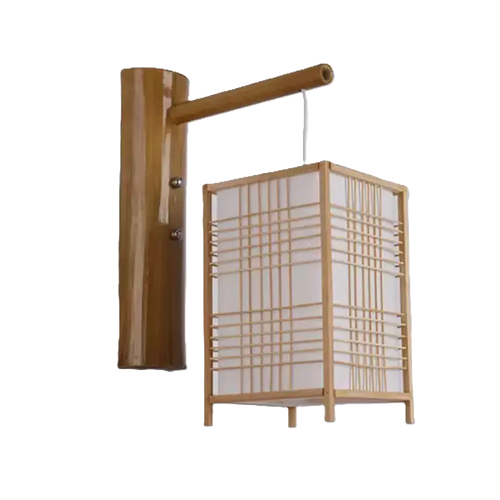 Applique murale en bambou carré, vue éteinte, avec support en bois naturel.