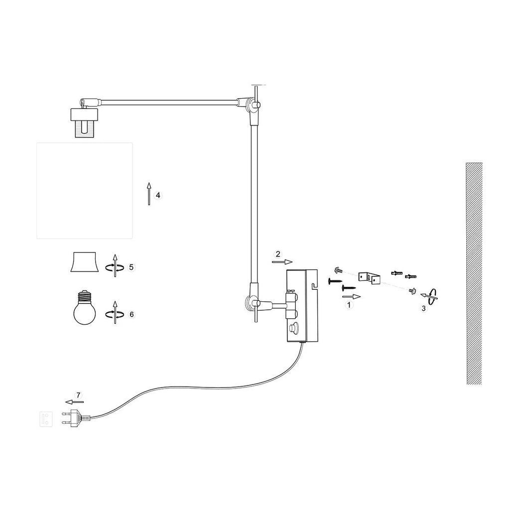 Diagram d’une applique murale en métal chromé et lin blanc avec bras articulé