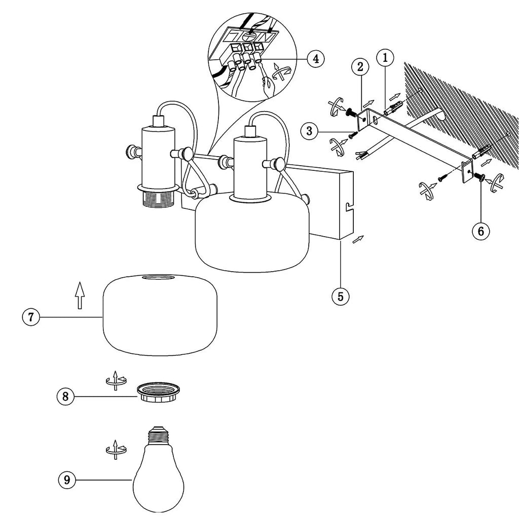 Diagramme éclaté d une applique murale noire en métal et verre fumé 2 lumières