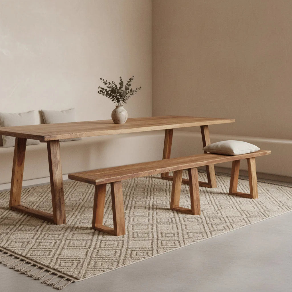 Banc en bois massif brun à piétements trapézoïdaux 220x30 cm rustique