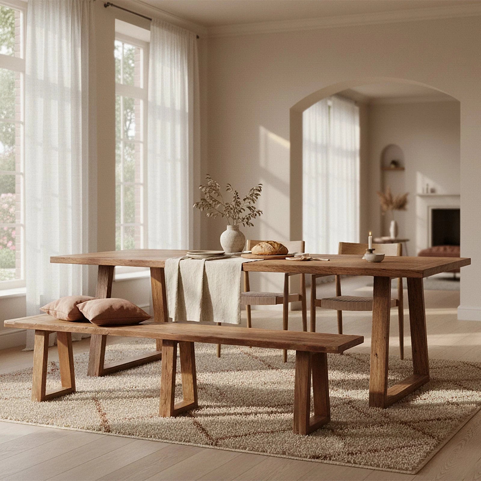 Banc en bois massif brun, piètements trapézoïdaux, 220x30 cm