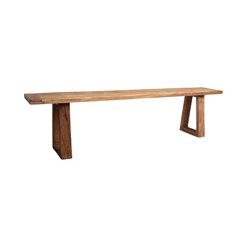 Banc en bois recyclé brun miel pieds trapèze – 180x30 cm