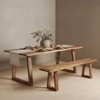Banc en bois recyclé brun miel avec pieds trapèze, 180x30 cm