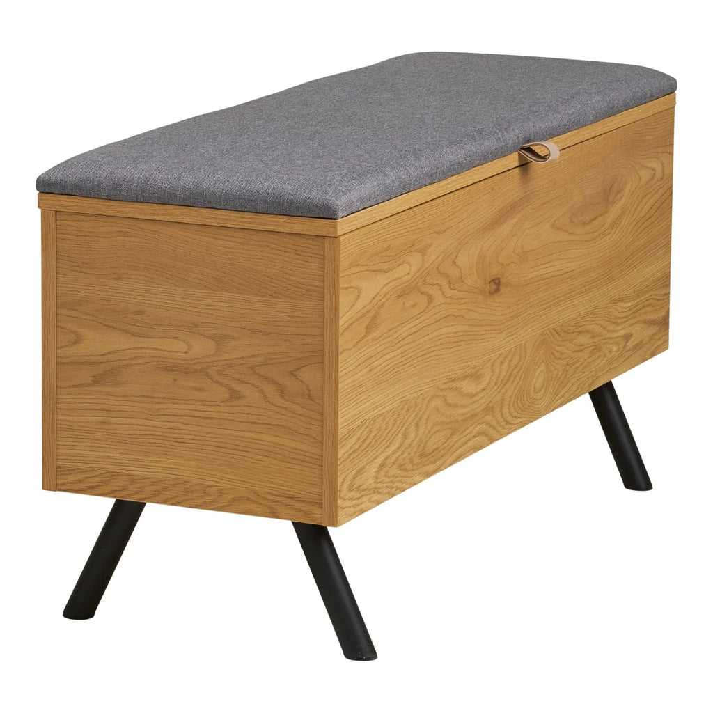 Banc coffre bois effet chêne, assise grise, pieds noirs 92x33 cm