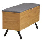 Banc coffre bois effet chêne, assise grise, pieds noirs 92x33 cm