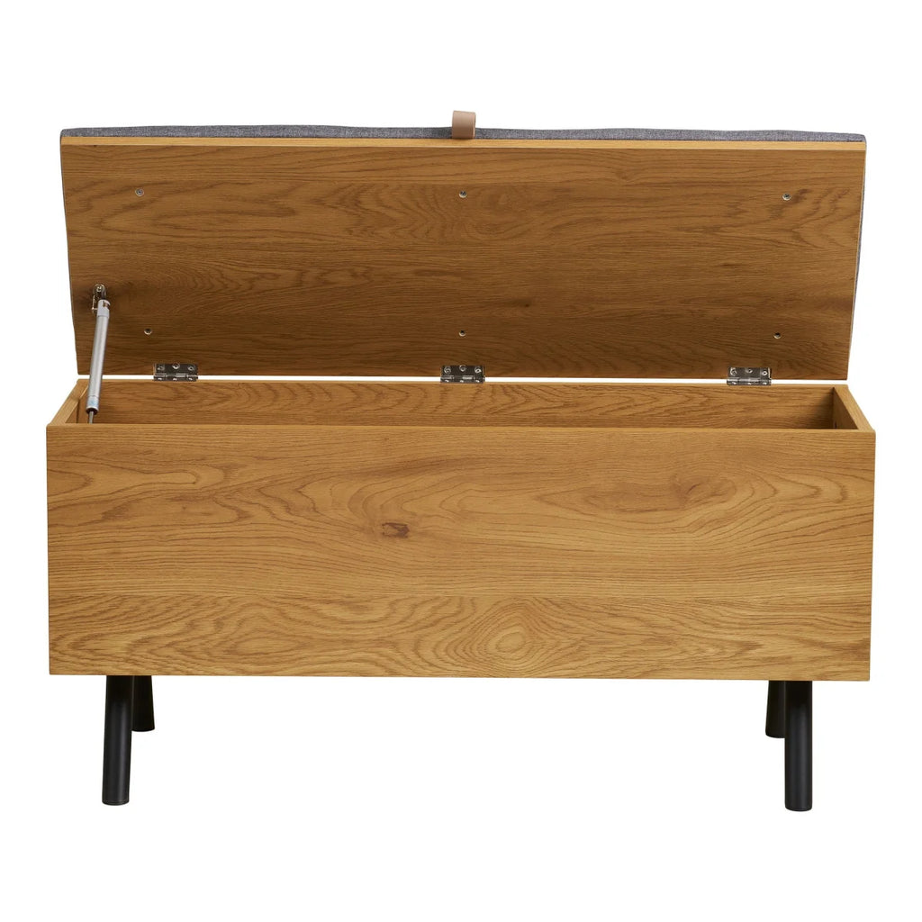 Banc coffre bois effet chêne assise grise pieds noirs 92x33 cm