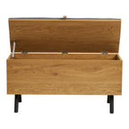 Banc coffre bois effet chêne assise grise pieds noirs 92x33 cm
