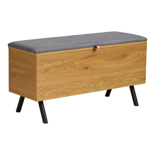 Banc coffre bois effet chêne, assise grise, pieds noirs 92x33 cm