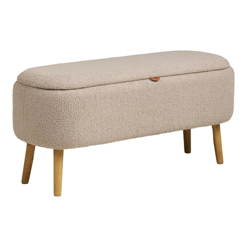 Banc de rangement bouclé beige pieds bois clair forme capsule 95x37 cm