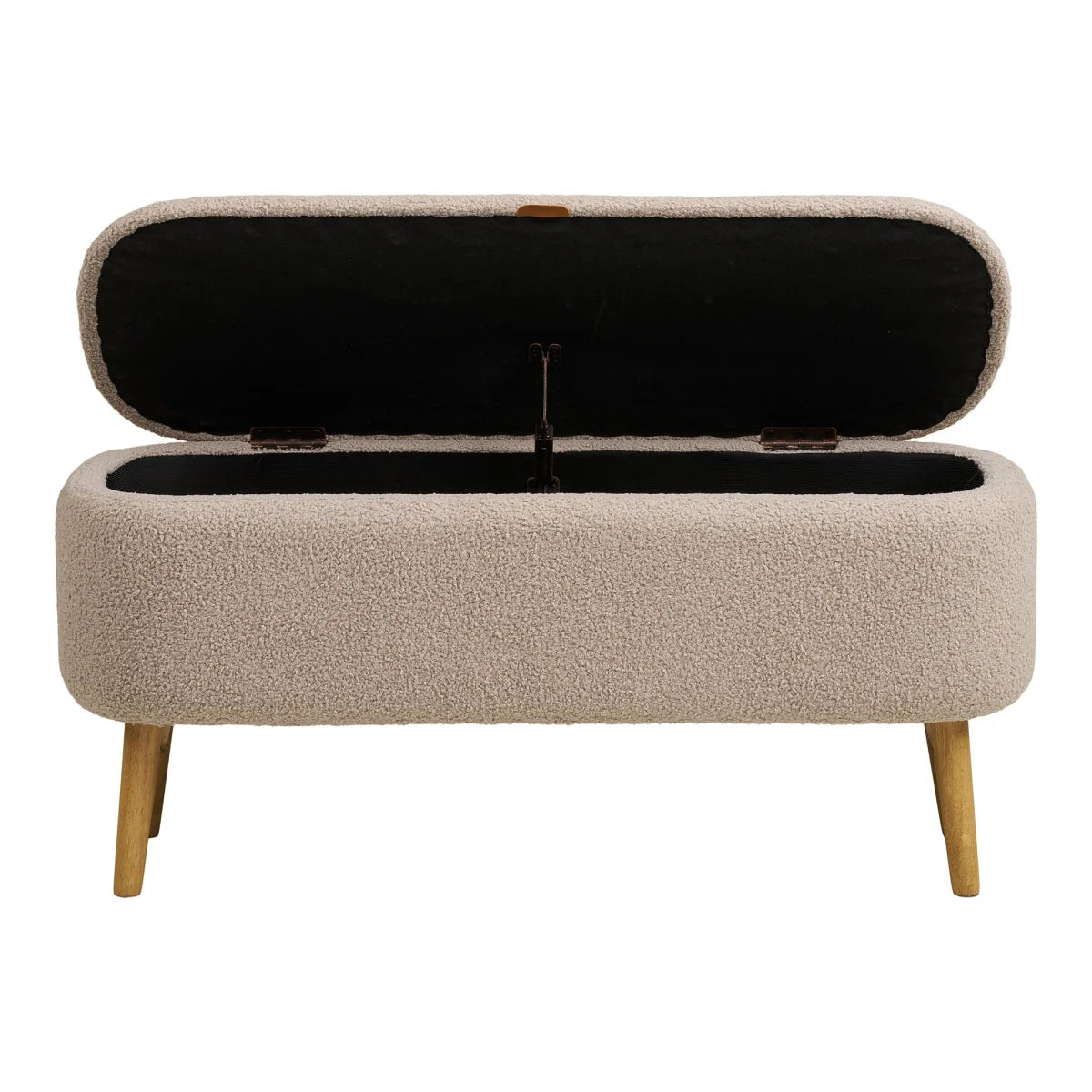 Banc de rangement bouclé beige, pieds en bois clair, forme capsule 95x37 cm