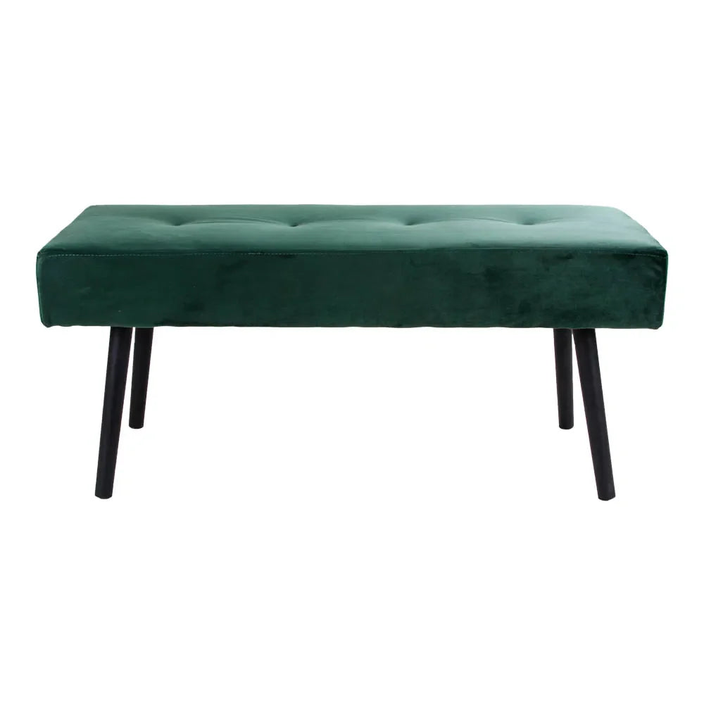 Banc rectangulaire en velours vert foncé capitonné, pieds noirs, 100x35 cm