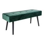 Banc rectangulaire en velours vert émeraude capitonné, pieds noirs fuselés 100x35 cm