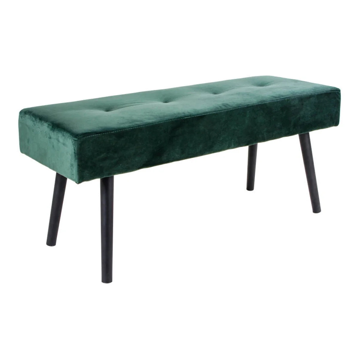 Banc rectangulaire en velours vert émeraude capitonné, pieds noirs fuselés 100x35 cm